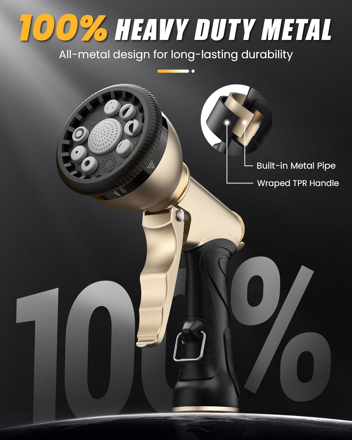 RAINPOINT Garden Hose Nozzle - Heavy Duty Metal Sprayer with 9 Adjustable Spray Patterns | Ideal for Watering Plants and Pets, Gray