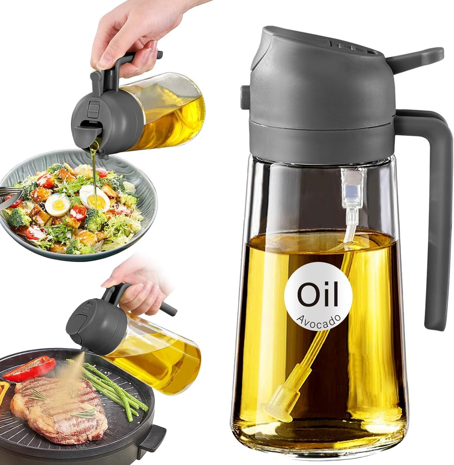 YARRAMATE 16oz Oil Sprayer - Food-Grade 2-in-1 Olive Oil Dispenser for Cooking & BBQ (Gray)
