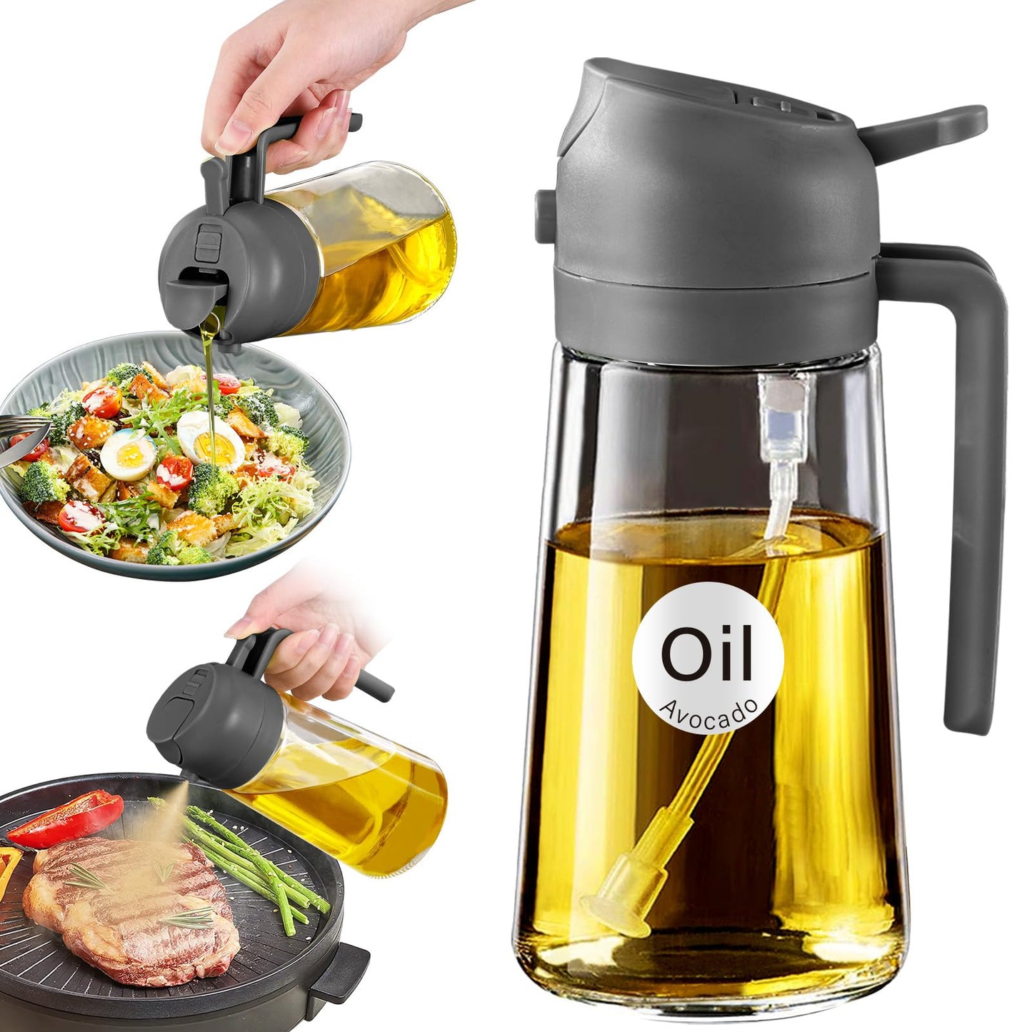 YARRAMATE 16oz/470ml Oil Sprayer for Cooking with Stickers, Food-grade Premium 2 in 1 Olive Oil Dispenser Bottle for Kitchen Gadgets, Air Fryer, Salad, Frying, BBQ (Gray)