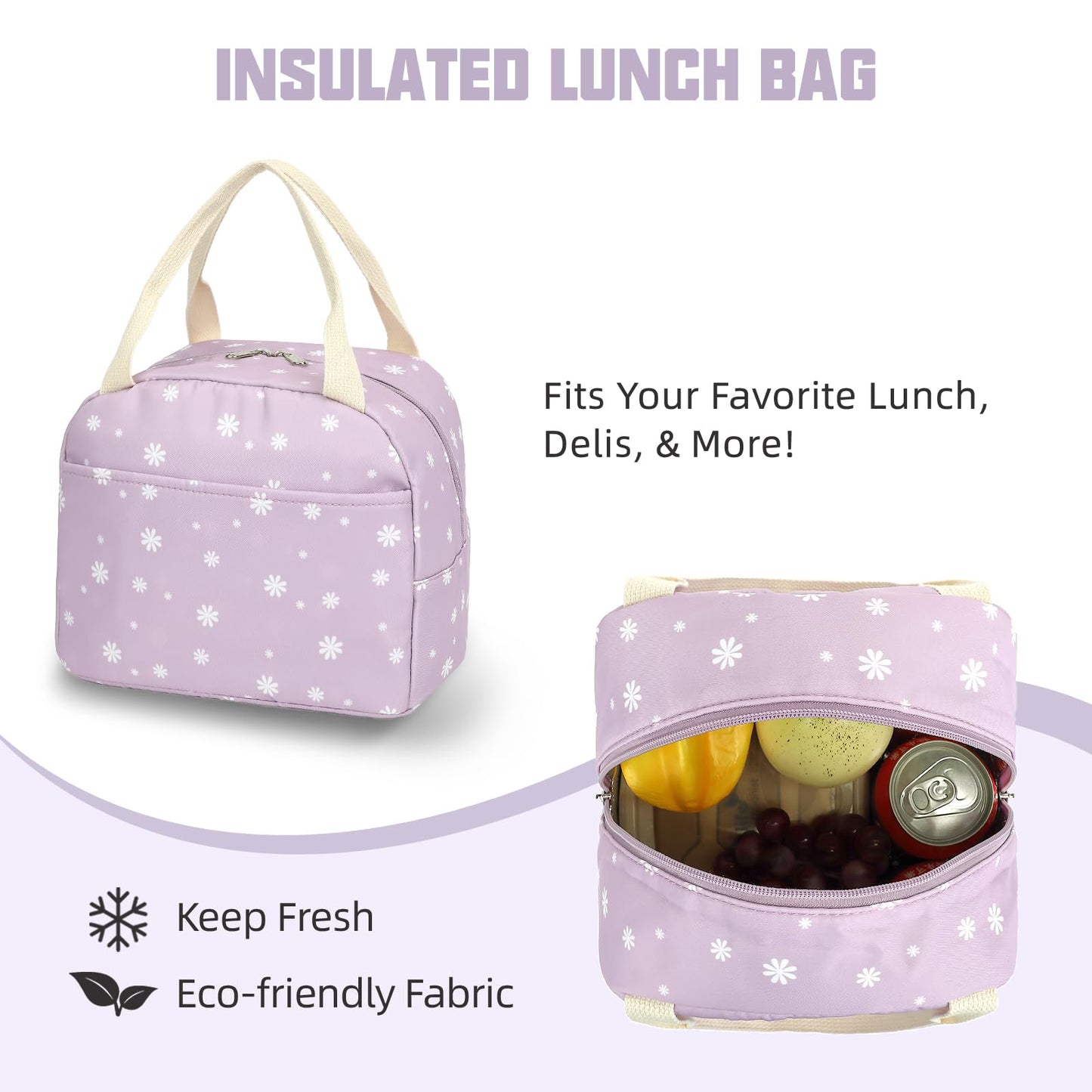 Flowers School Backpack for Girls, 3PCS Bookbags Set with Lunch Box Pencil Pouch Elementary Middle School Bag Laptop Back Packs (Daisy Purple)
