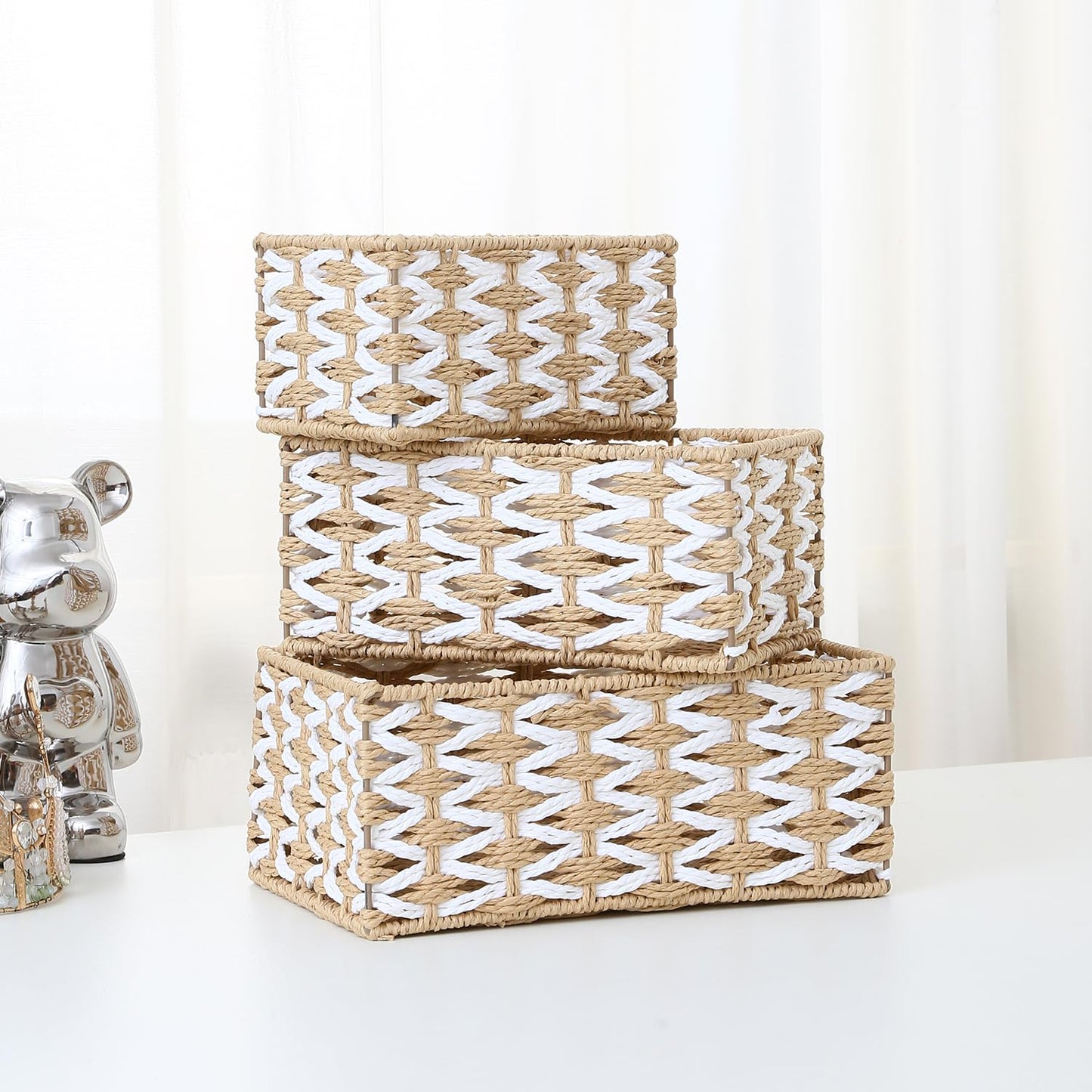 HANMYSTYLE Storage basket Flower weaving storage basket hand-woven organizing Kids room storage snacks sundries toiletries toys set of 3(rectangle)