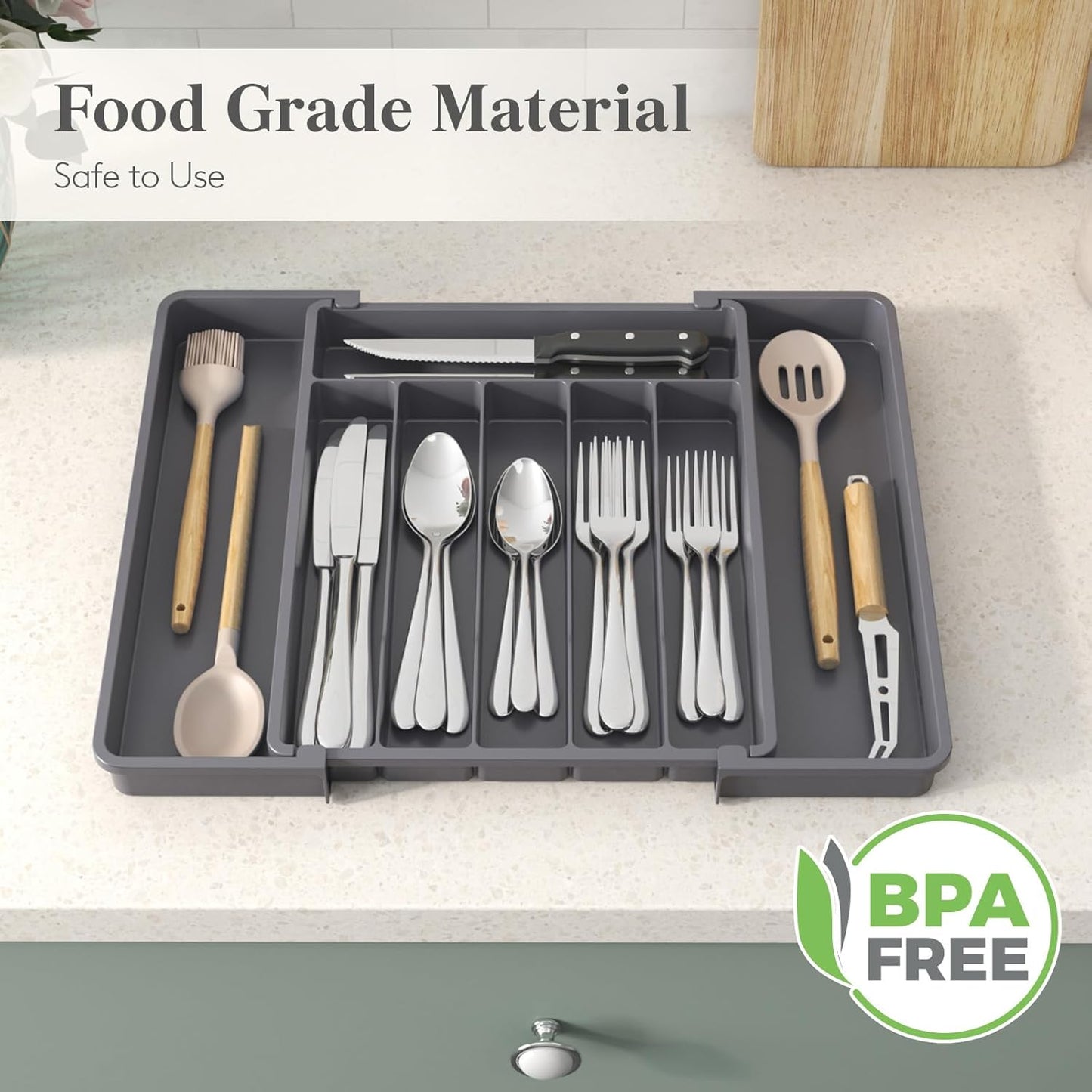 Lifewit Expandable Silverware Drawer Organizer - BPA-Free Utensil Tray for Kitchen | Adjustable Storage, Dark Grey (10.9"-17.5" x 13.7")