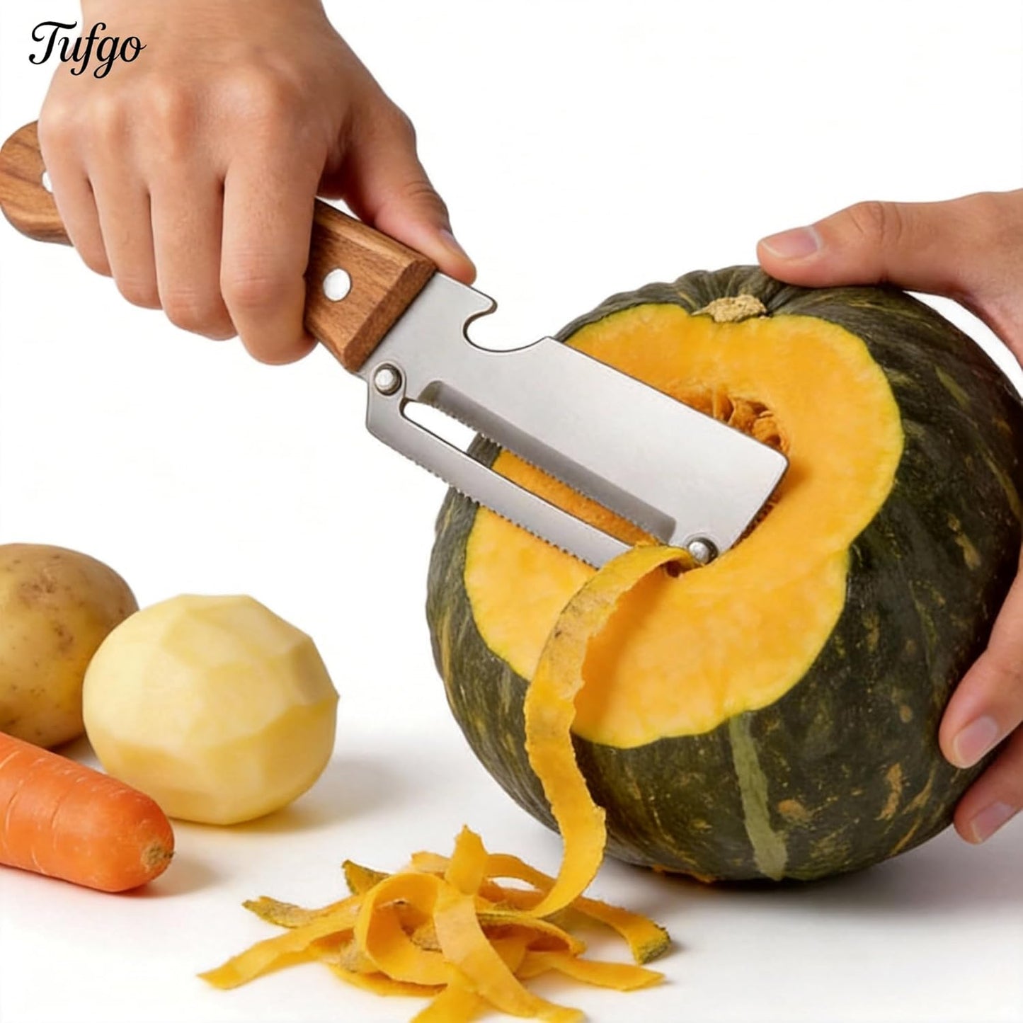 Skiennix 2-in-1 Vegetable Peeler - Multi-Functional Kitchen Tool with Wooden Handle & Stainless Steel Blade - Ideal for Potatoes, Fruits, and More