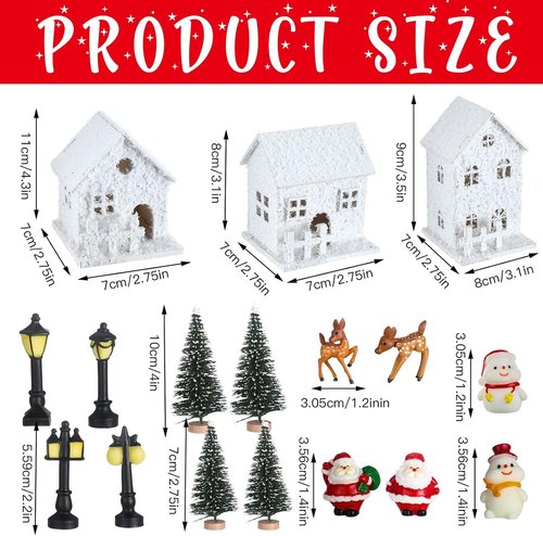 Gerrii Christmas Village House Set - 17 Pcs Winter Figurines with Snow & Santa | White Desktop Ornaments
