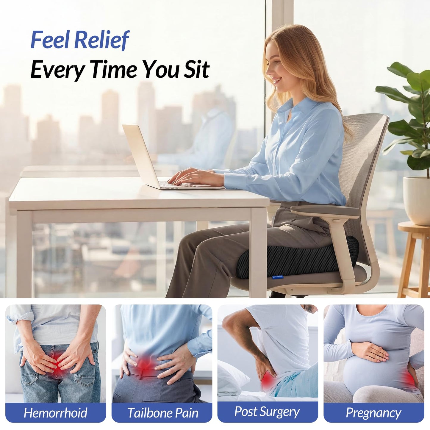 ZIKEE 6" Thickened Donut Pillow Seat Cushion, Ergonomic Hemorrhoid Pillow with Widened Cutout for Tailbone,Sciatica Pain Relief & Postpartum, Memory Foam Office Chair Cushion for Long Sitting at Home