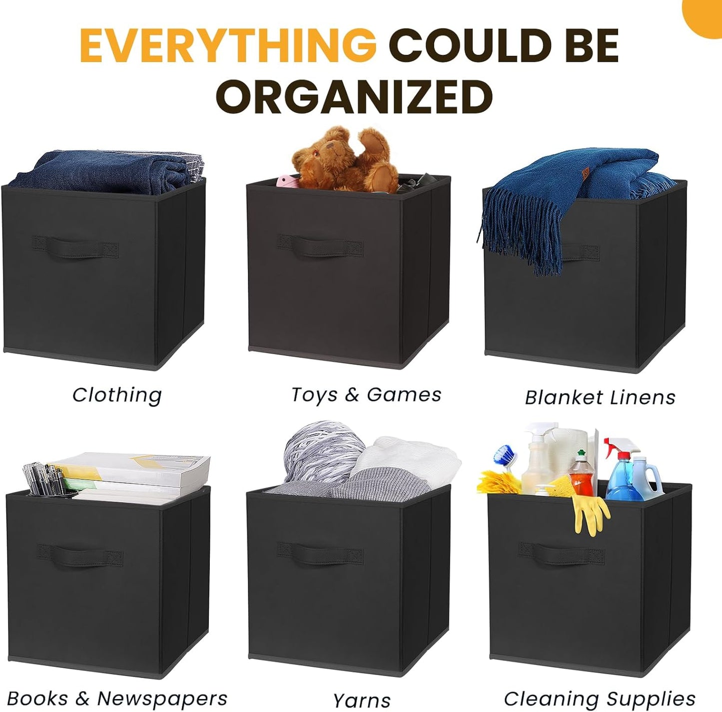 Large Storage Cubes | 13-Inch Organizing Bins for Kallax Shelves - 10 Pack Collapsible Black Storage Boxes