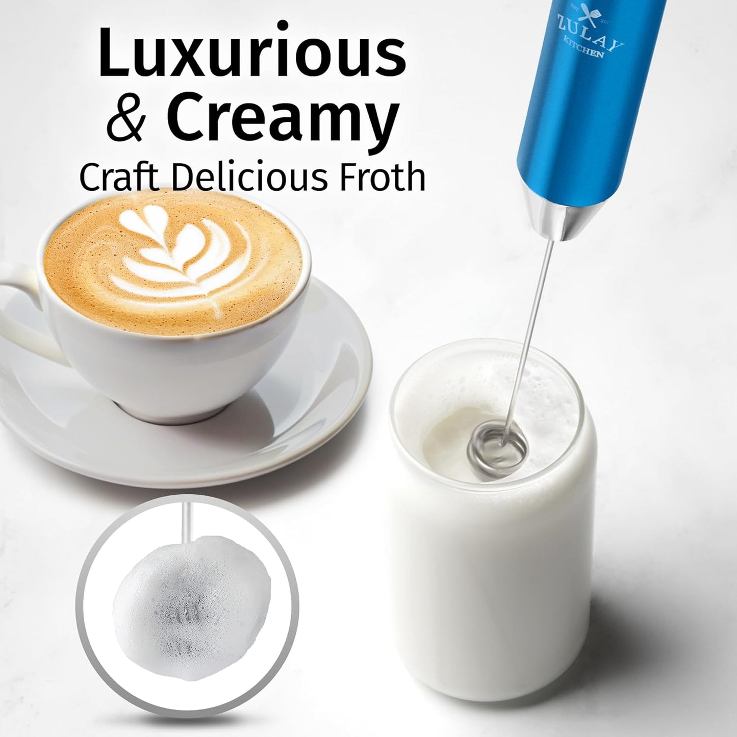 Zulay Kitchen Rechargeable Milk Frother - Powerful 2-Speed Motor, Waterproof, 2000mAh Battery | Metallic Blue Drink Mixer for Lattes, Cappuccinos, Matcha & Protein Powder