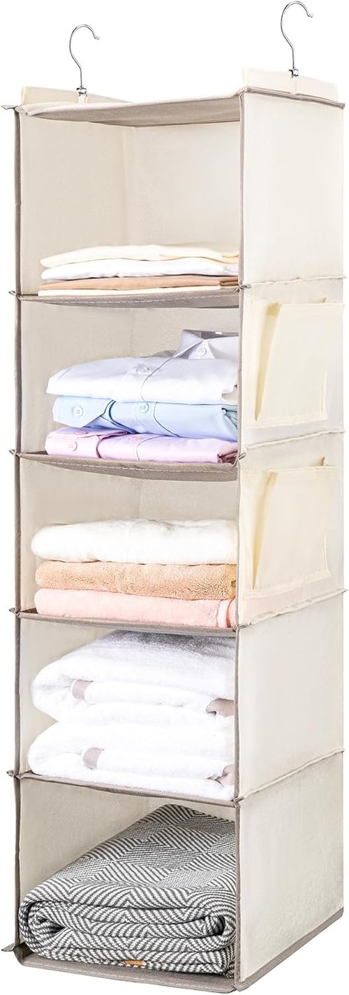 BOOMIBOO Hanging Closet Organizer - 5 Shelves with 2 Side Pockets | Foldable Storage Solution (Beige, 2 Pack)