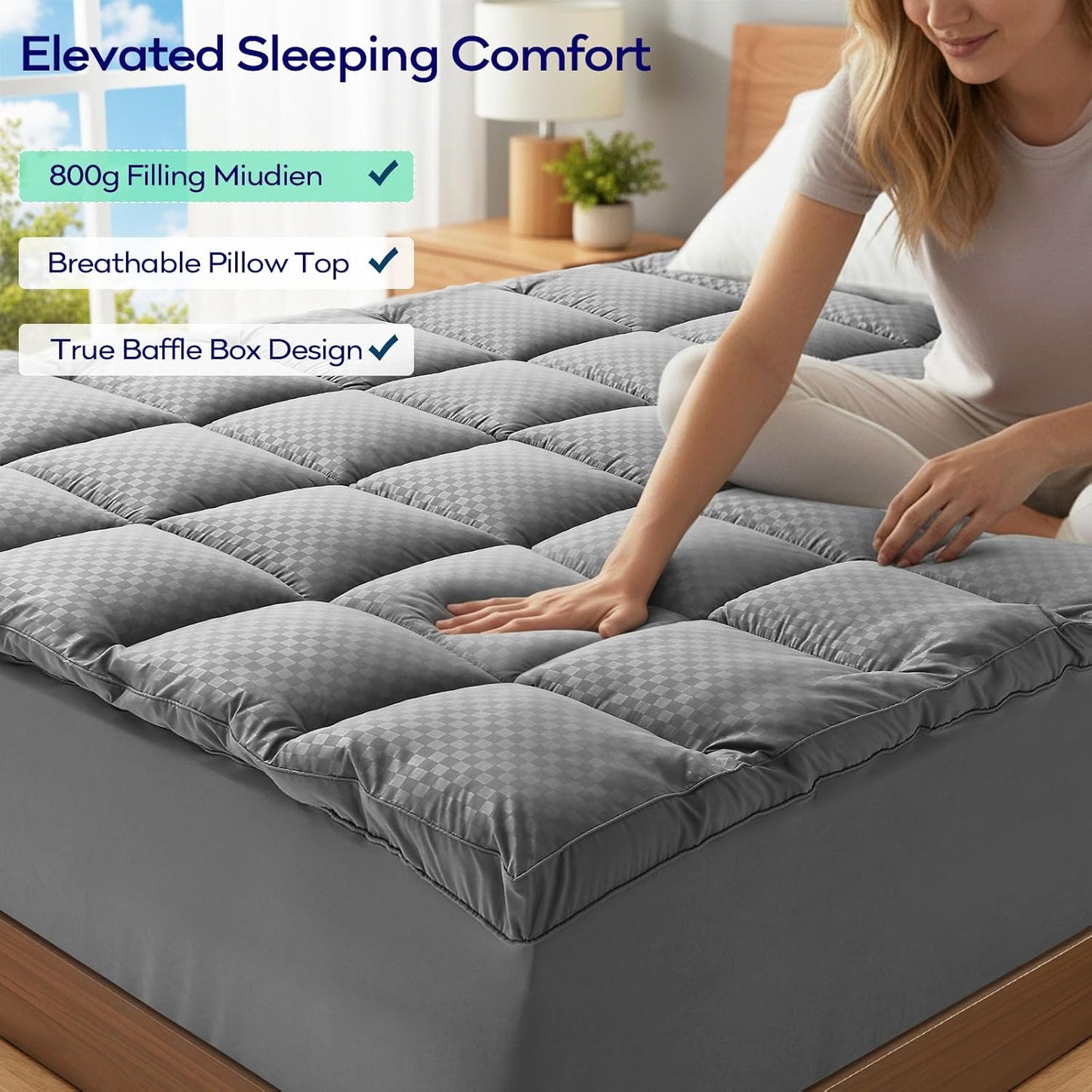 OLANLY Queen Size Memory Foam Mattress Topper - Dual-Layer 4 Inch Cooling Pillow Top & Gel Foam, Grey