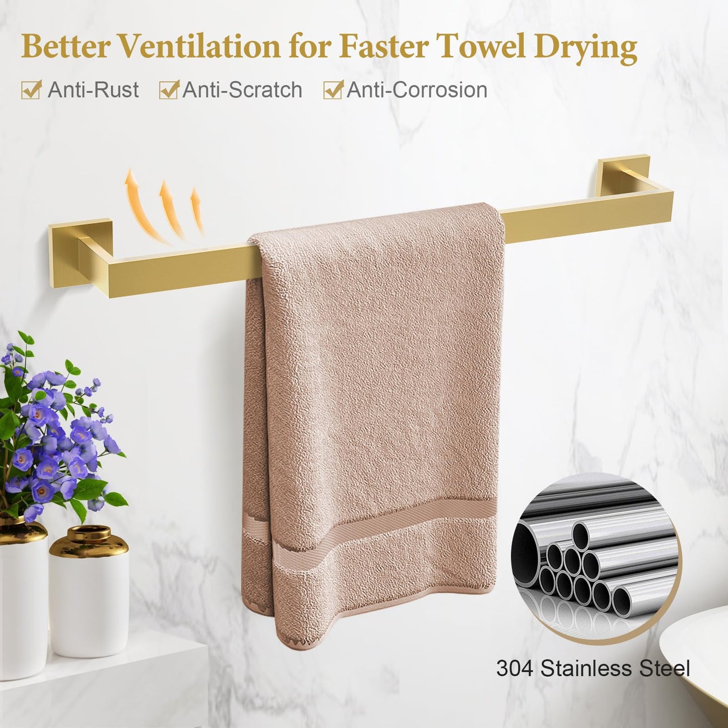 TURS Brushed Gold Bathroom Hardware Set 4-Piece Bath Towel Bar Set 24 Inch Stainless Steel Towel Holder Set for Bathroom Wall Mounted