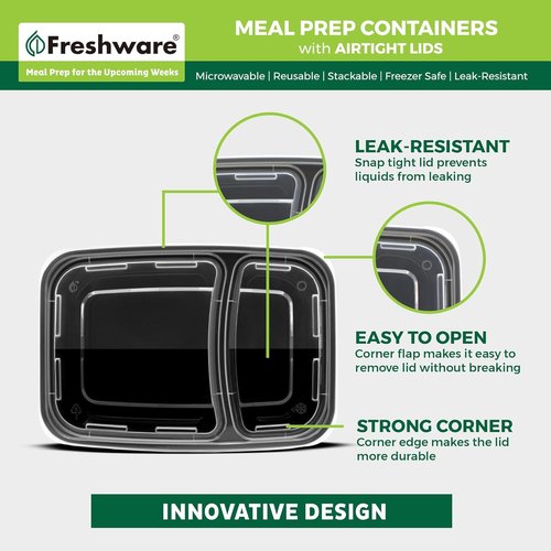 Freshware Meal Prep Containers - 50 Count | 2 Compartment Bento Boxes, BPA Free, Stackable, 28 oz