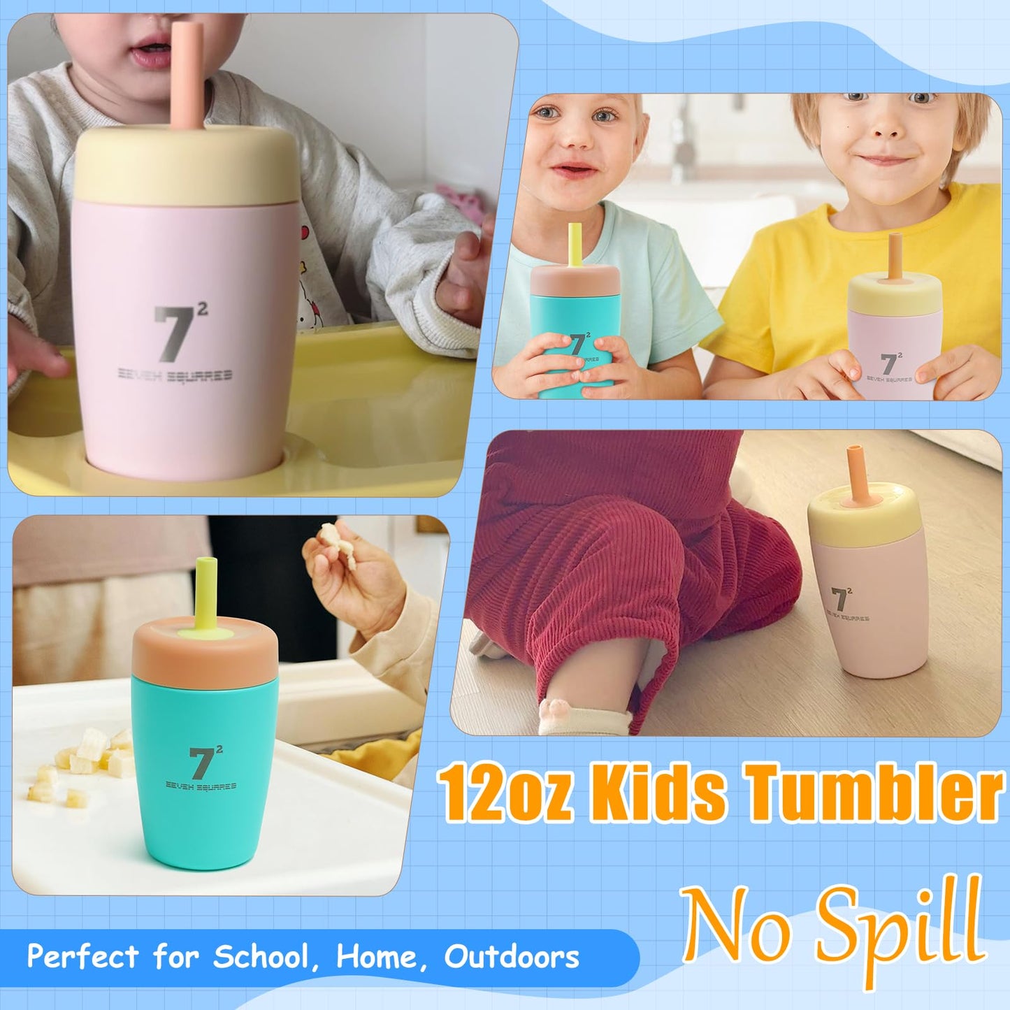 SEVEN SQUARED 72 12oz Kids Tumbler Spill Resistant with Lid and Silicone Straw, Insulated Kids Cups Stainless Steel Water Bottle, Dishwasher Safe BPA-FREE