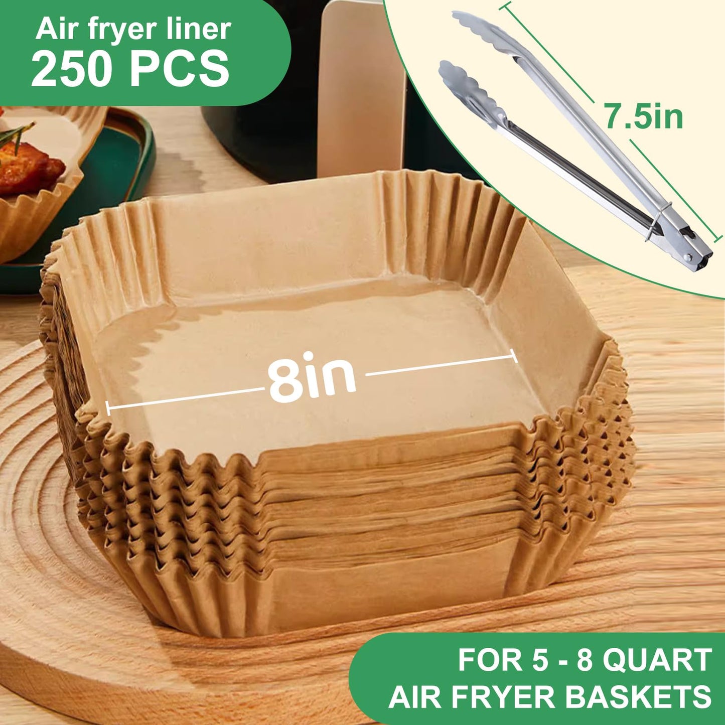 250 Pcs Air Fryer Liners Disposable 8 Inch,Non-Stick Oil-Resistant Air Fryer Paper Liners for 5–8 QT Baskets, Parchment Paper Liners for Air Fryer, Oven, and Microwave Use (Square)