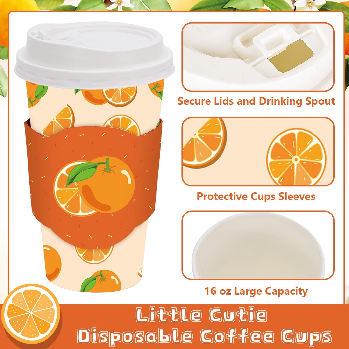JarThenaAMCS 48 Set Little Cutie Disposable Coffee Cups with Lids and Sleeves Orange Paper Cups Cute Drinking Cup for Baby Shower Birthday Party Supplies
