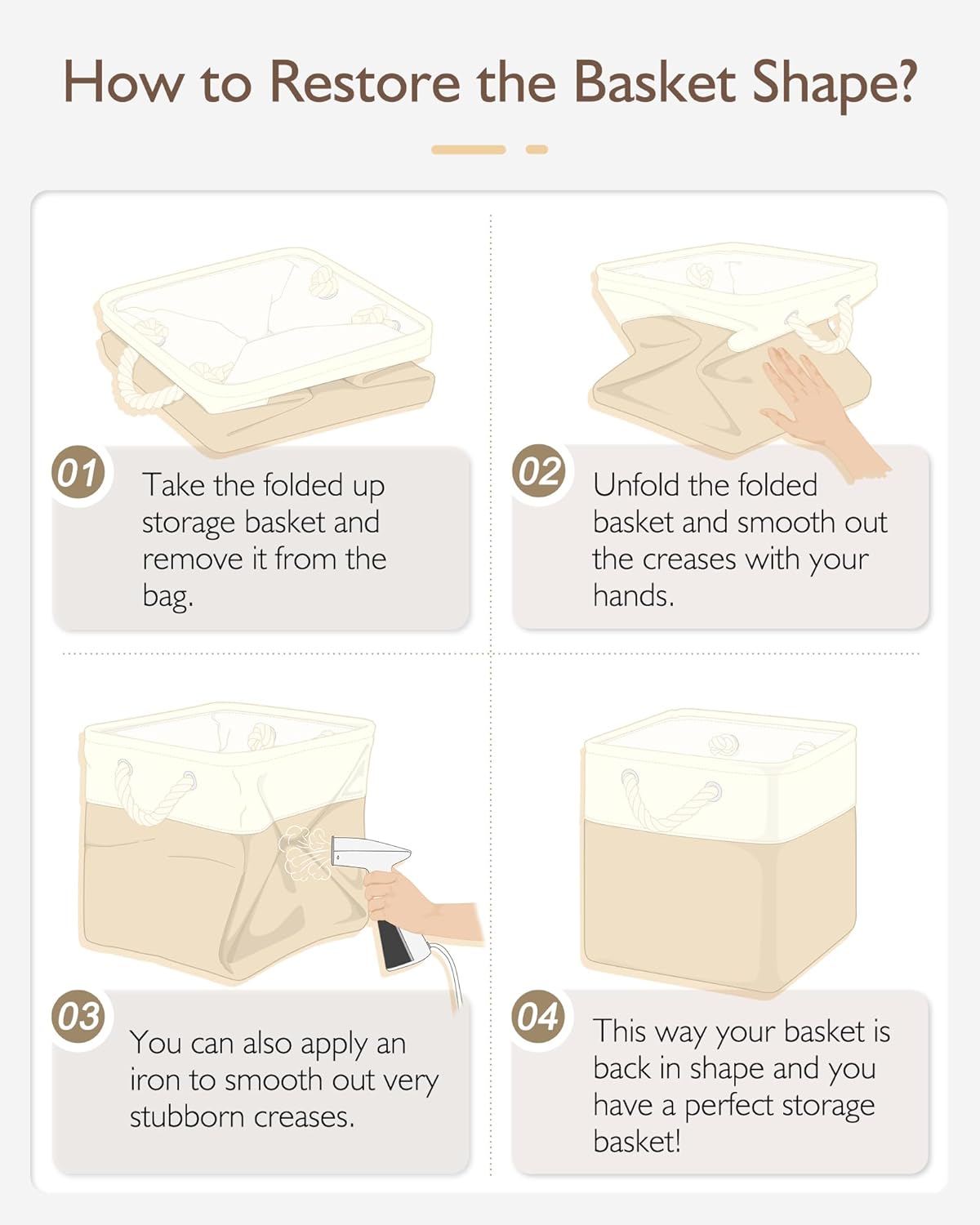 Patvingot 11-Inch Cube Storage Bins - 4 Pack Fabric Organizer Baskets with Rope Handles | White & Khaki