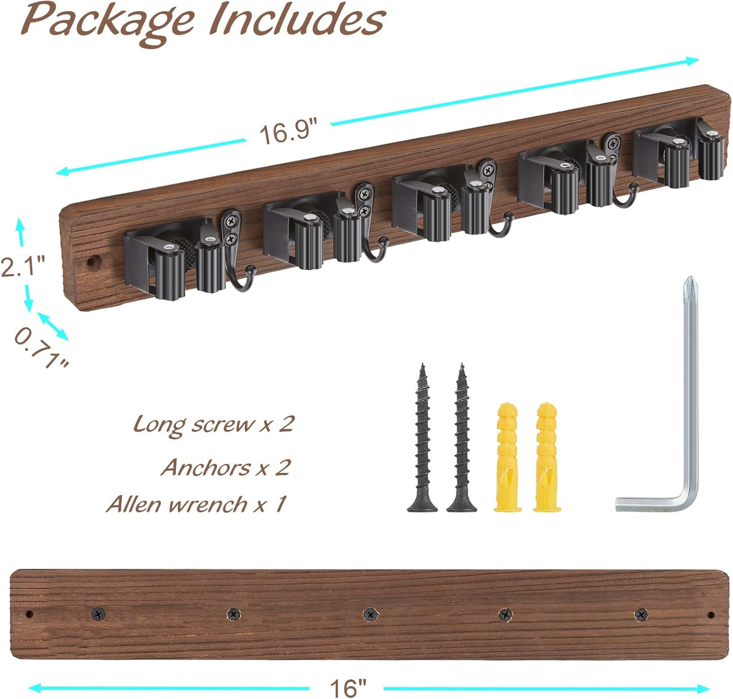 OUTNILI Mop and Broom Holder Wall Mount - Rustic Wood Organizer with 5 Slots & 4 Hooks for Garage, Closet, Laundry Room