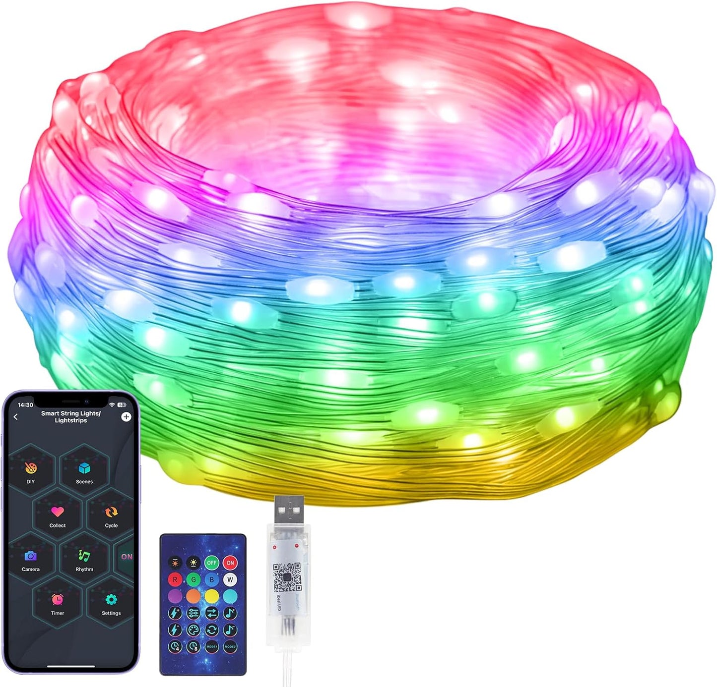 Skiennix RGB Smart IC String Lights - 16FT Indoor Fairy Lights with APP & Remote Control, 50 Multicolor LEDs, USB Powered & IP65 Waterproof, Music Sync for Christmas & Parties