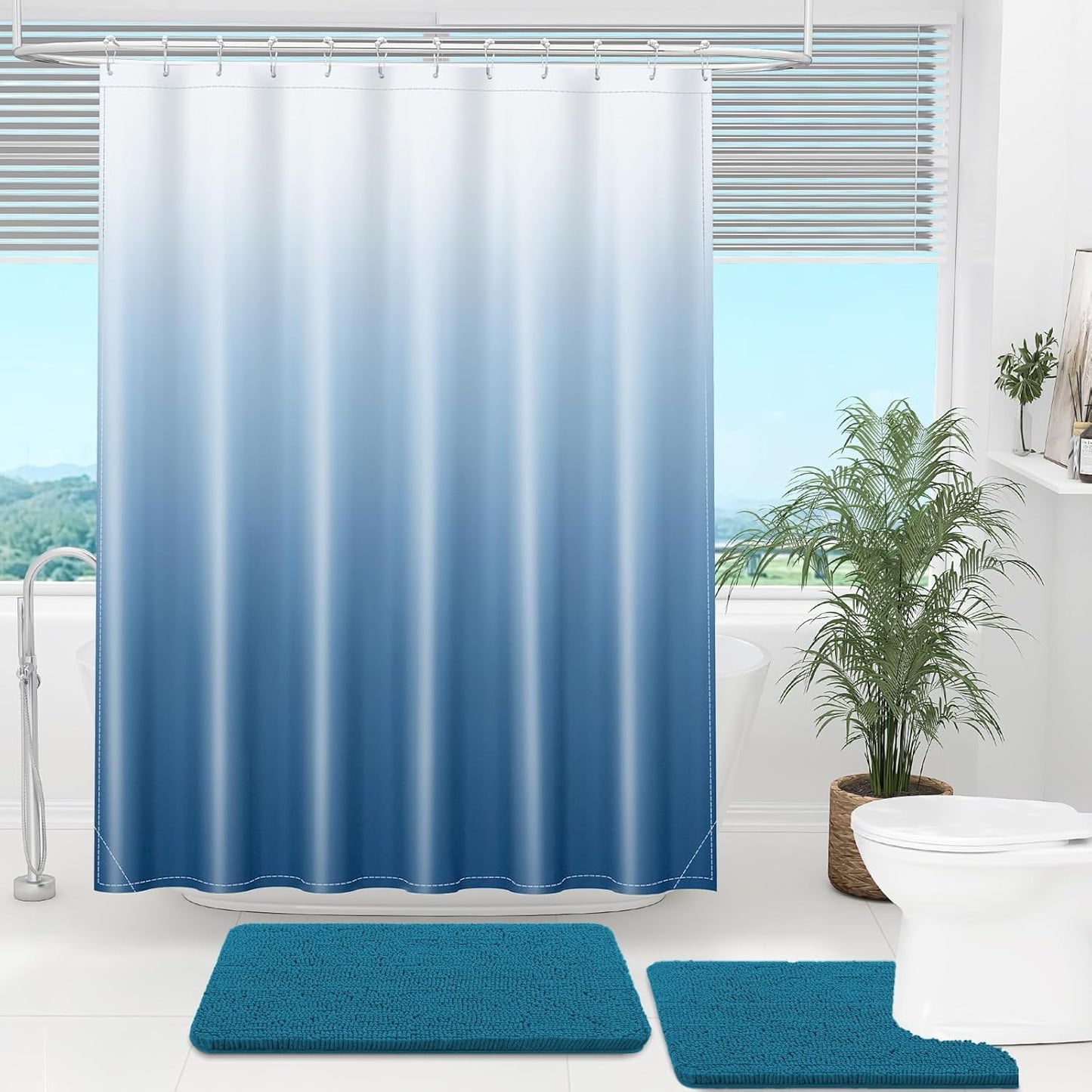 OLANLY Luxury Ombre Shower Curtain Set - Waterproof & Washable, Blue/White, 72x72 Inches