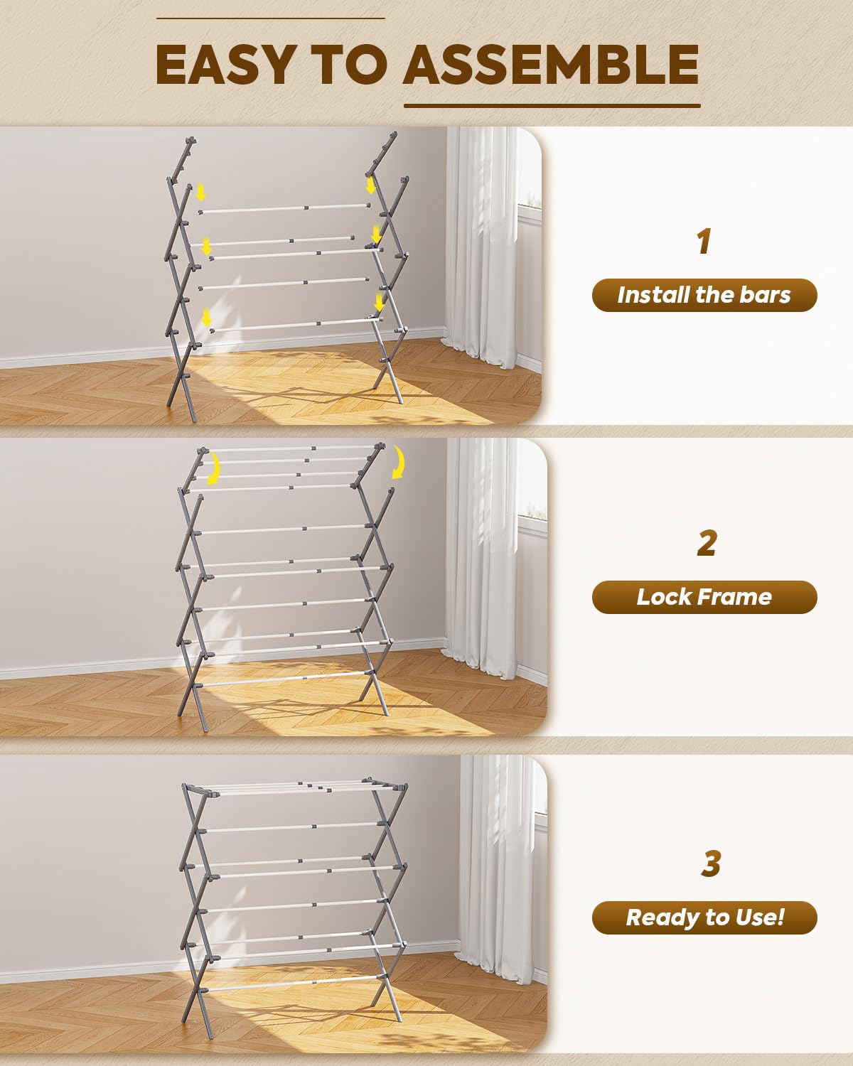 KINGBOARD Clothes Drying Rack, Collapsible Drying Rack Clothing with 11 Poles, 3-Tier Laundry Drying Rack, Small Clothes Drying Rack Foldable for Baby Clothes, 25lb Capacity, White & Grey