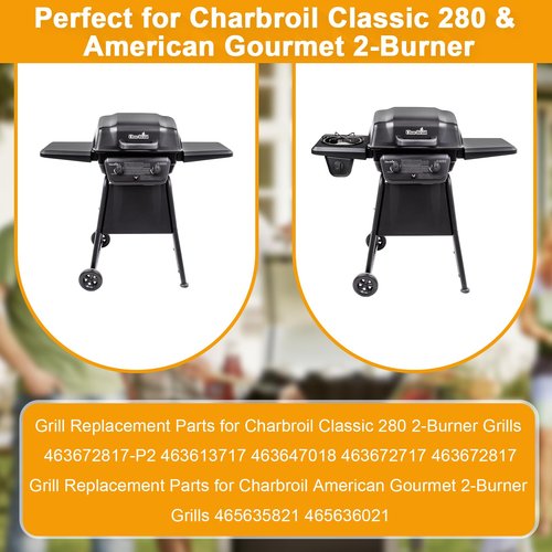 Grill Replacement Parts for Char-Broil Classic 280 2-Burner 463672817 463672717 Gas Grill G320-0200-W1A Grill Burner G215-0203-W1 Heat Tent Stainless Steel Cooking Grate Adjustable Crossover Tube