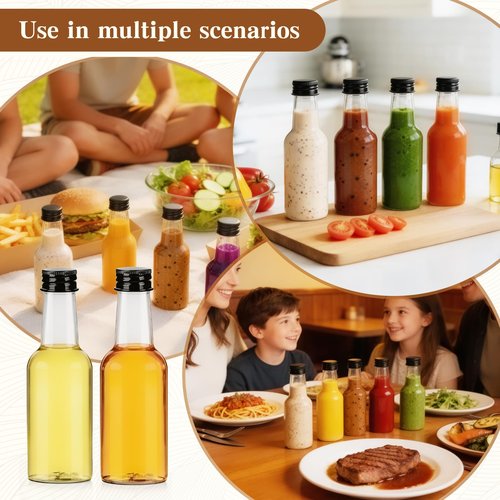 Flojudo 100 Pcs 5 oz Plastic Hot Sauce Bottles, Clear Plastic Woozy Bottles with Leakproof Black Screw Caps, Empty Mini Bottle for Sauce, Syrup, Juice, Liquor