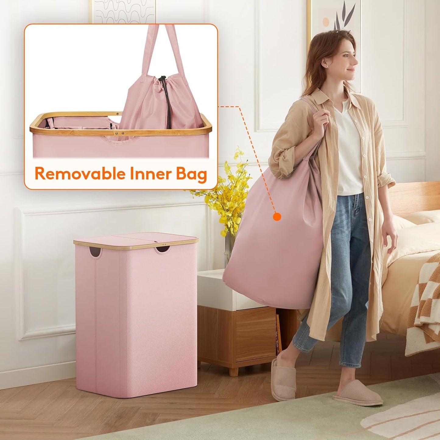 Lifewit 150L Laundry Basket - Foldable Hamper with Lid & Bamboo Handles | Pink, Large Capacity
