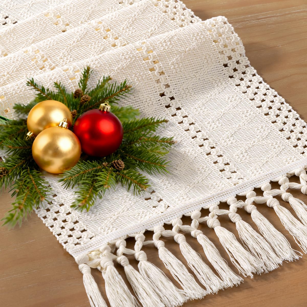 Socomi Boho Table Runner Macrame Long Summer Farmhouse Woven Cotton Linen Rustic Coffee Table Runner with Tassels for Dresser Scarf Home Decor Dining Room 12x108 inch Cream Ivory