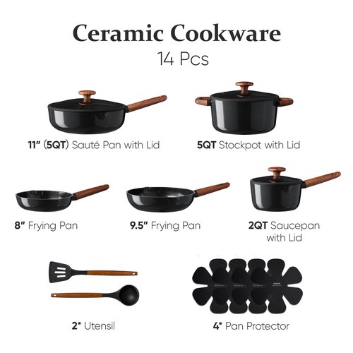 CAROTE ceramic cookware set,nonstick pots and pans，14PCS Non Toxic Healthy Non Stick Kitchen Cooking Pots and Frying Pans Set, PFAS PTFE Free