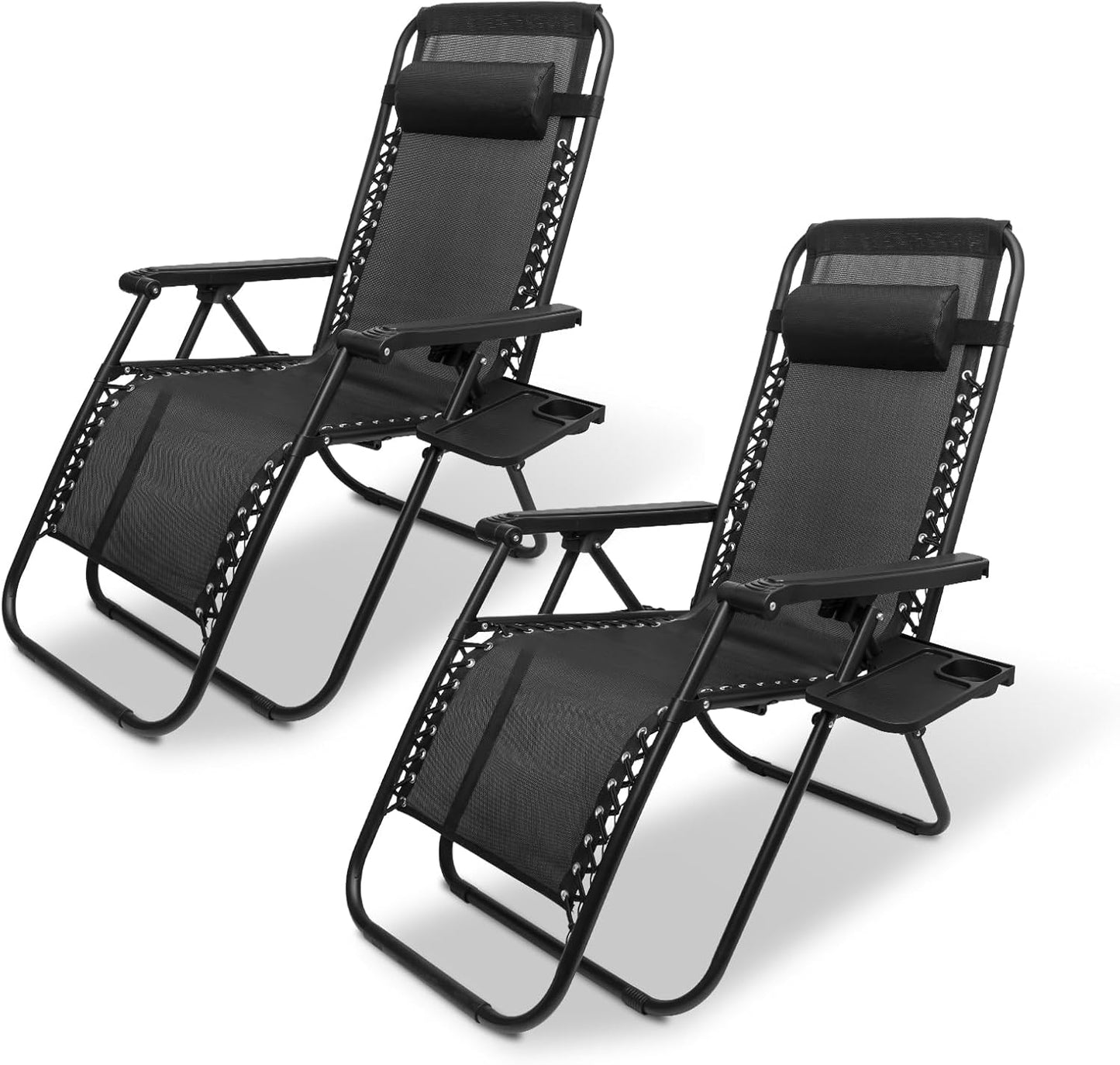 SZHLUX Adjustable Steel Mesh Zero Gravity Lounge Chair Set - 2 Recliners with Pillows & Cup Holders
