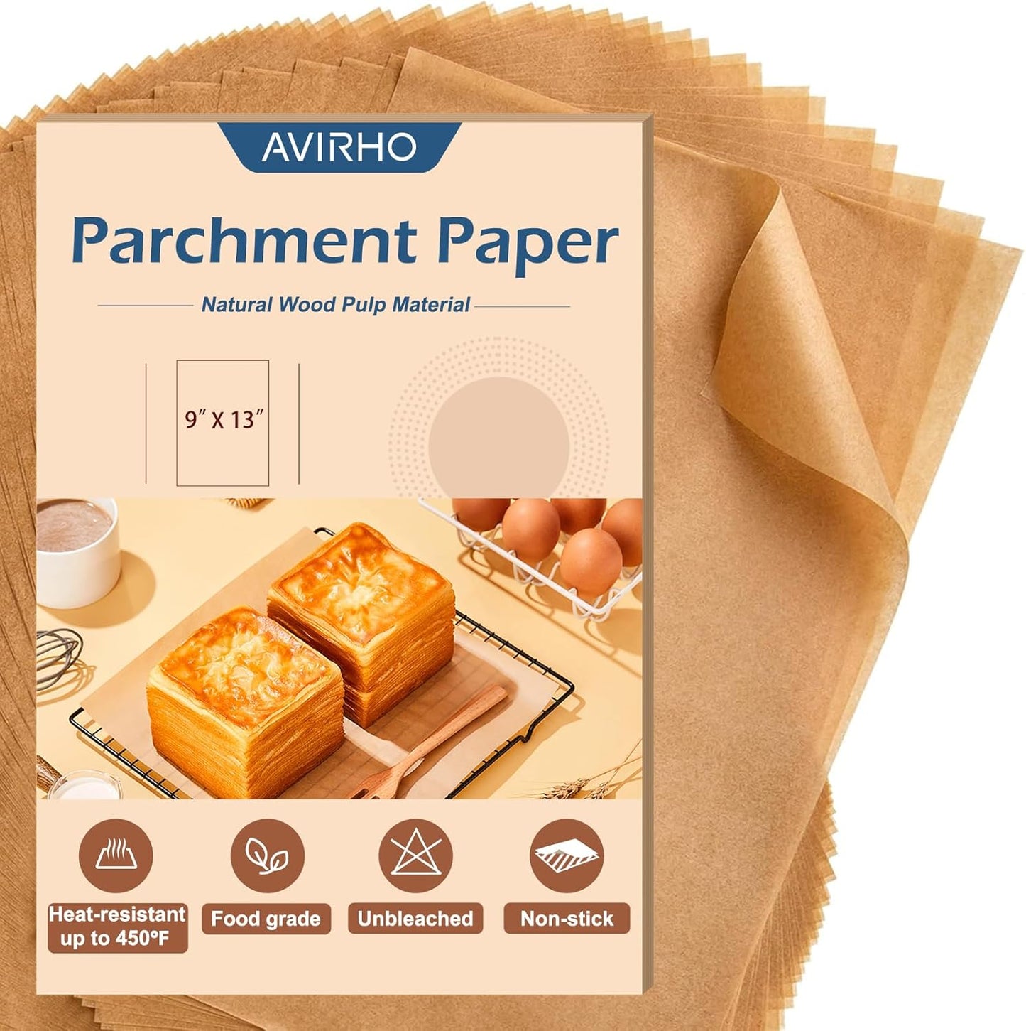 Unbleached Parchment Paper | 9x13IN Non-Stick Baking Sheets - 70 Precut Sheets for Grilling, Air Frying & Steaming