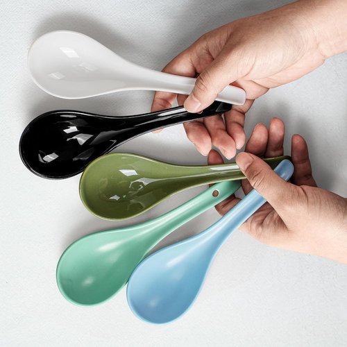 Artena Soup Spoon Set - 6 Ultra-Fine Porcelain Ramen Spoons for Pho & Miso | Deep Oval Design - Green