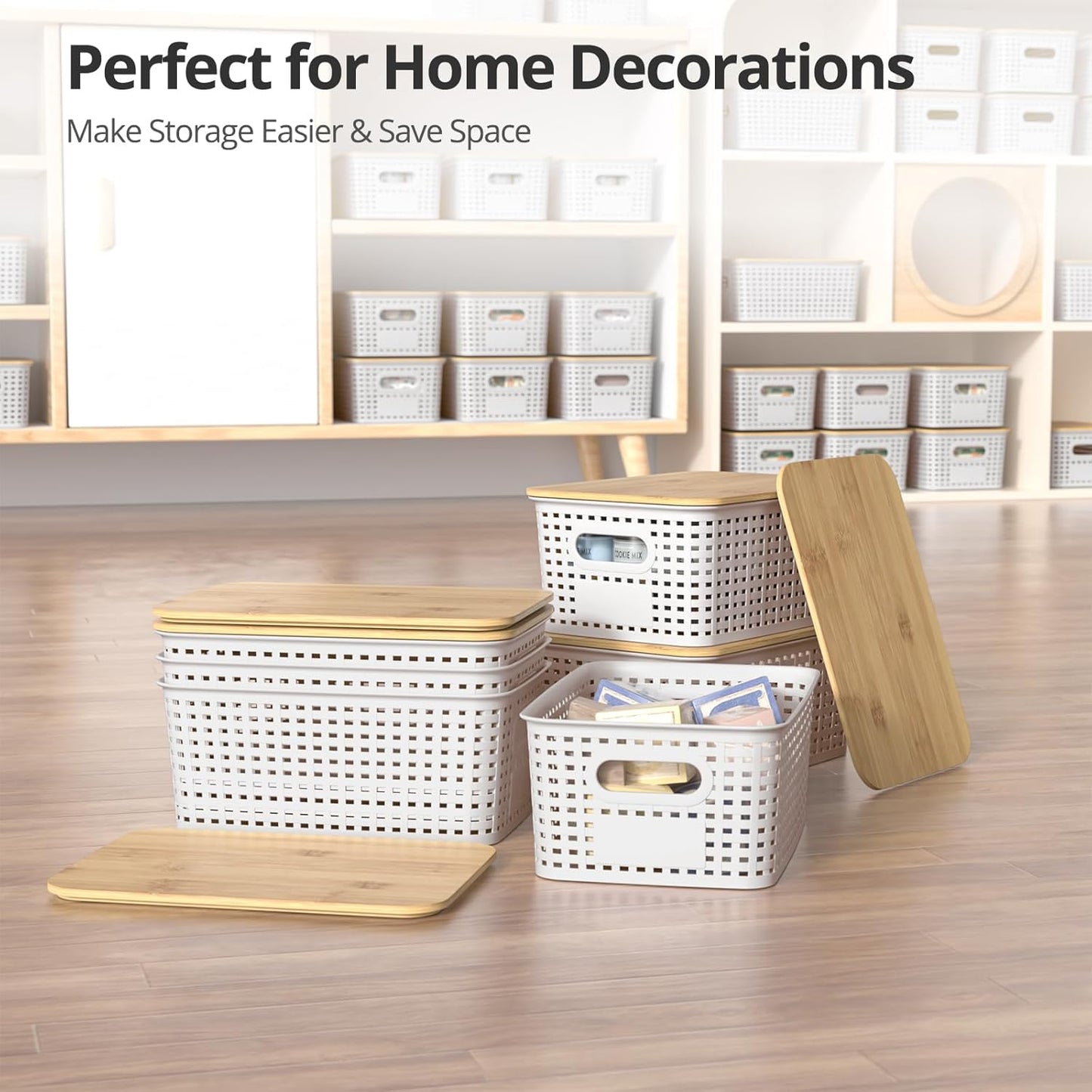 Plastic Storage Baskets - Stackable Organizing Bins with Bamboo Lids | 6-Pack, 10.2x7.2x4.1 Inch, White