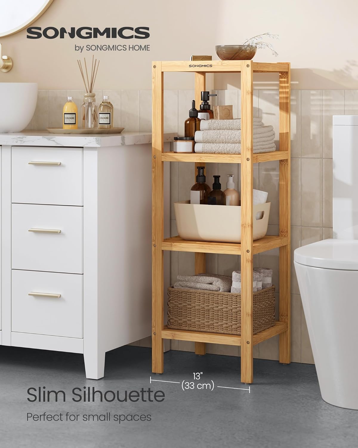 SONGMICS 4-Tier Bamboo Shelf - Versatile Corner Rack for Bathroom, Kitchen, Living Room | Natural UBCB54Y