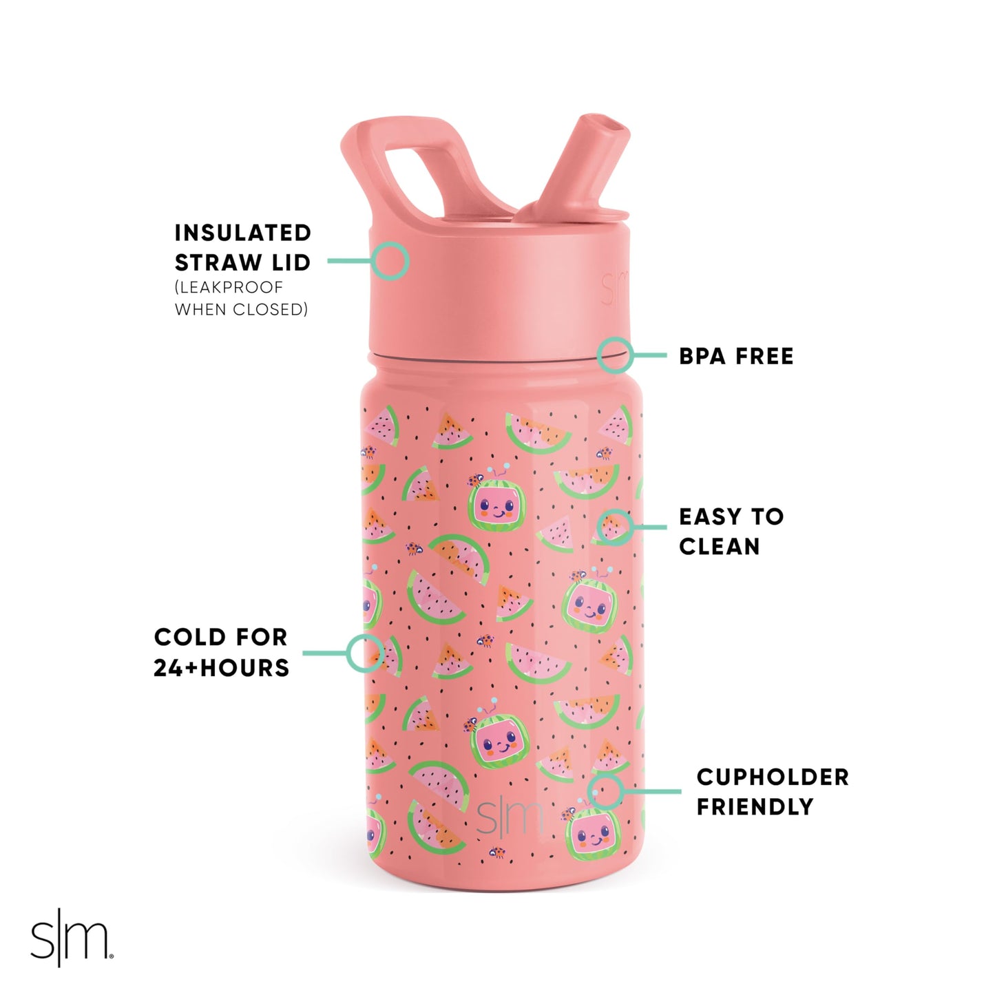 Simple Modern Kids Summit Water Bottle with Straw Lid | CoComelon 14oz Stainless Steel Cup Insulated Tumbler for Toddlers, School | CoComelon Pink Melon