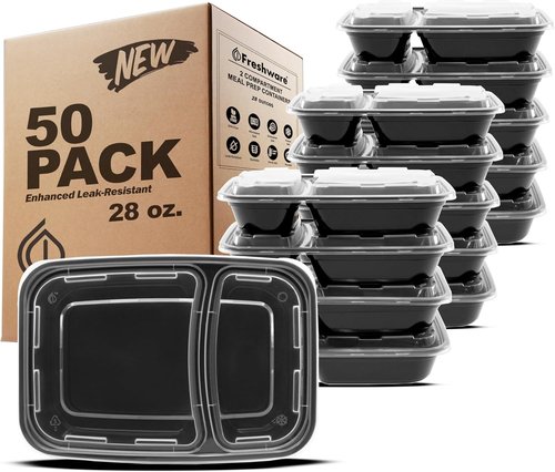 Freshware Meal Prep Containers - 50 Pack | 2-Compartment, BPA-Free, Stackable, Microwave & Freezer Safe (28 oz)