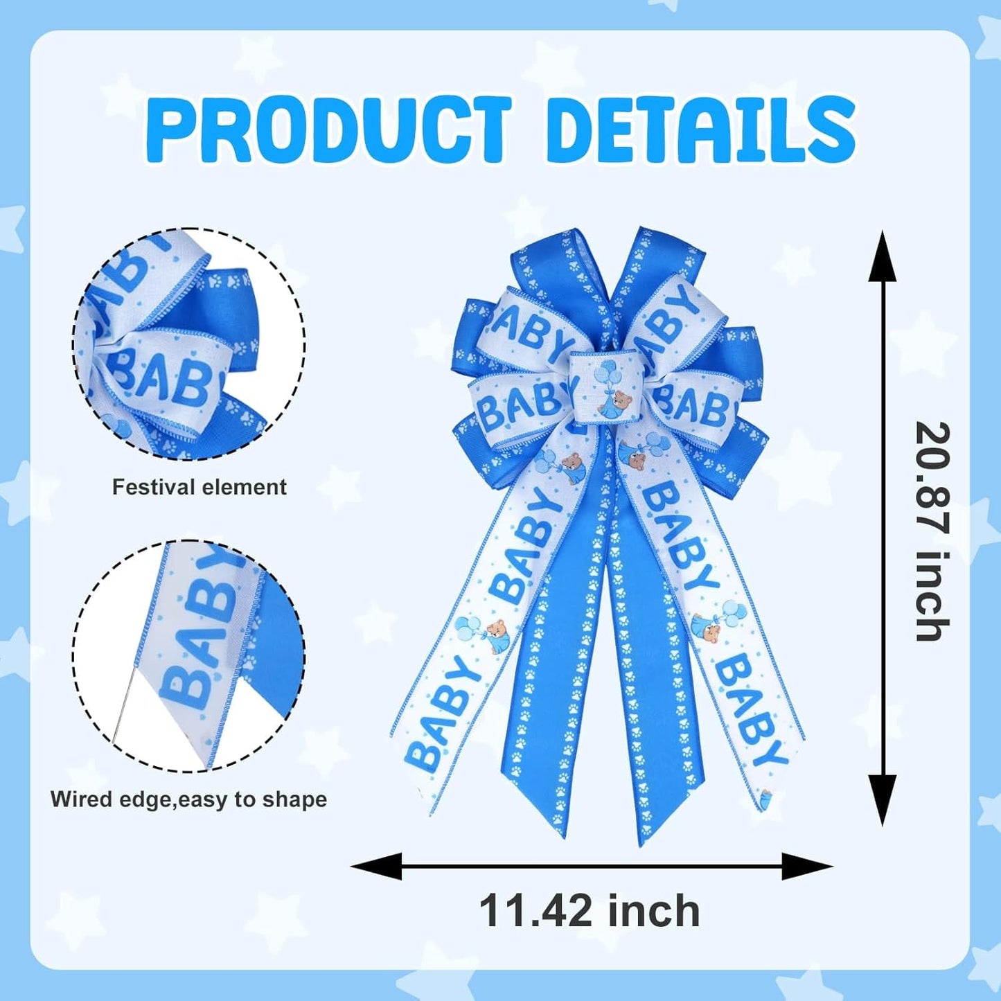 Large Blue Baby Shower Bow - Welcome Home Baby Boy Decorations | Indoor & Outdoor Wreath Decor