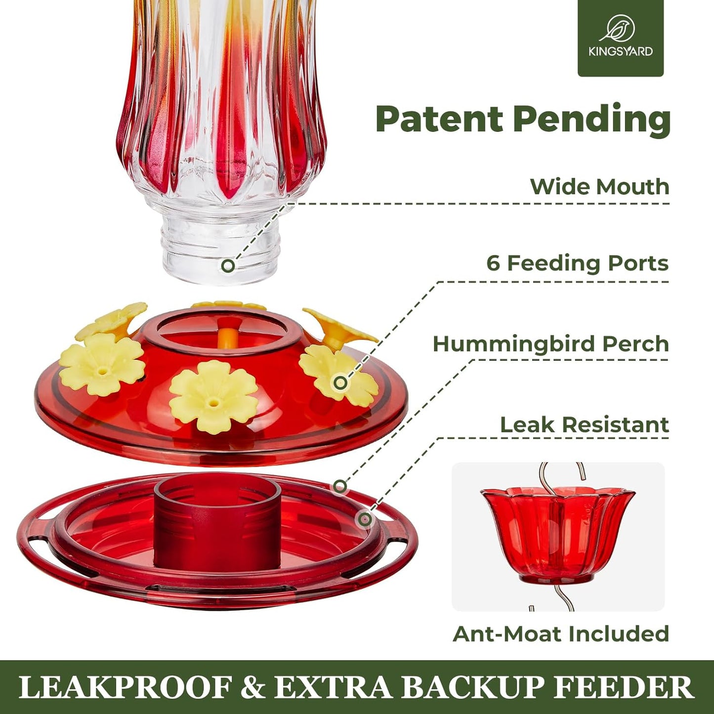 Kingsyard Hummingbird Feeder - 25 oz Leak-Proof Design with Ant Moat & 6 Bee-Proof Ports | Red
