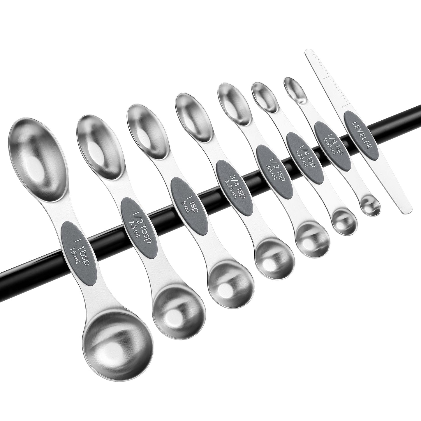 Spring Chef Stainless Steel Magnetic Measuring Spoons Set of 8 with Leveler, Dual Sided Metal Teaspoon & Tablespoon Measuring Spoons - Kitchen Gadgets For Baking and Cooking, Gray