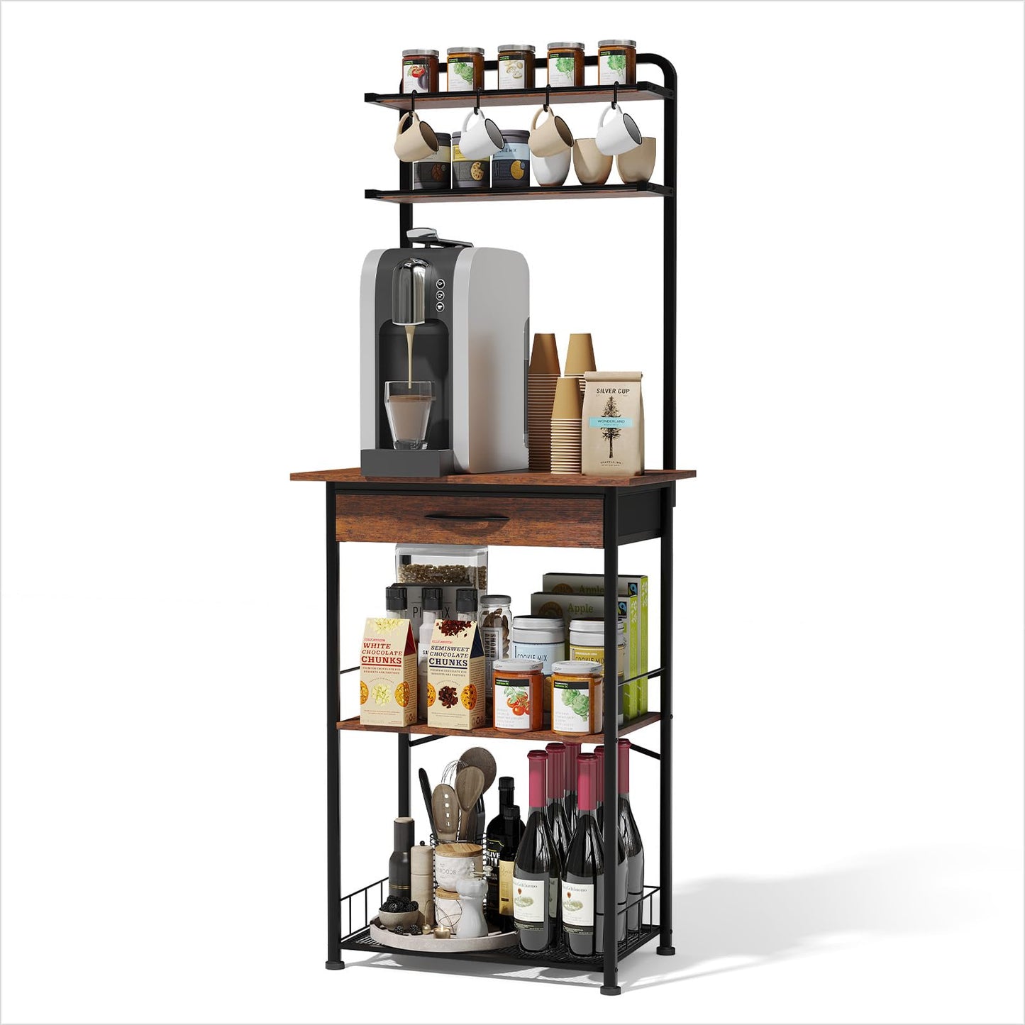 Homsorout Coffee Bar Station - Bakers Rack with Fabric Drawer, Microwave Oven Storage Stand, Bakers Rack for Coffee Stand Station, Home Kitchen Organizer, Black