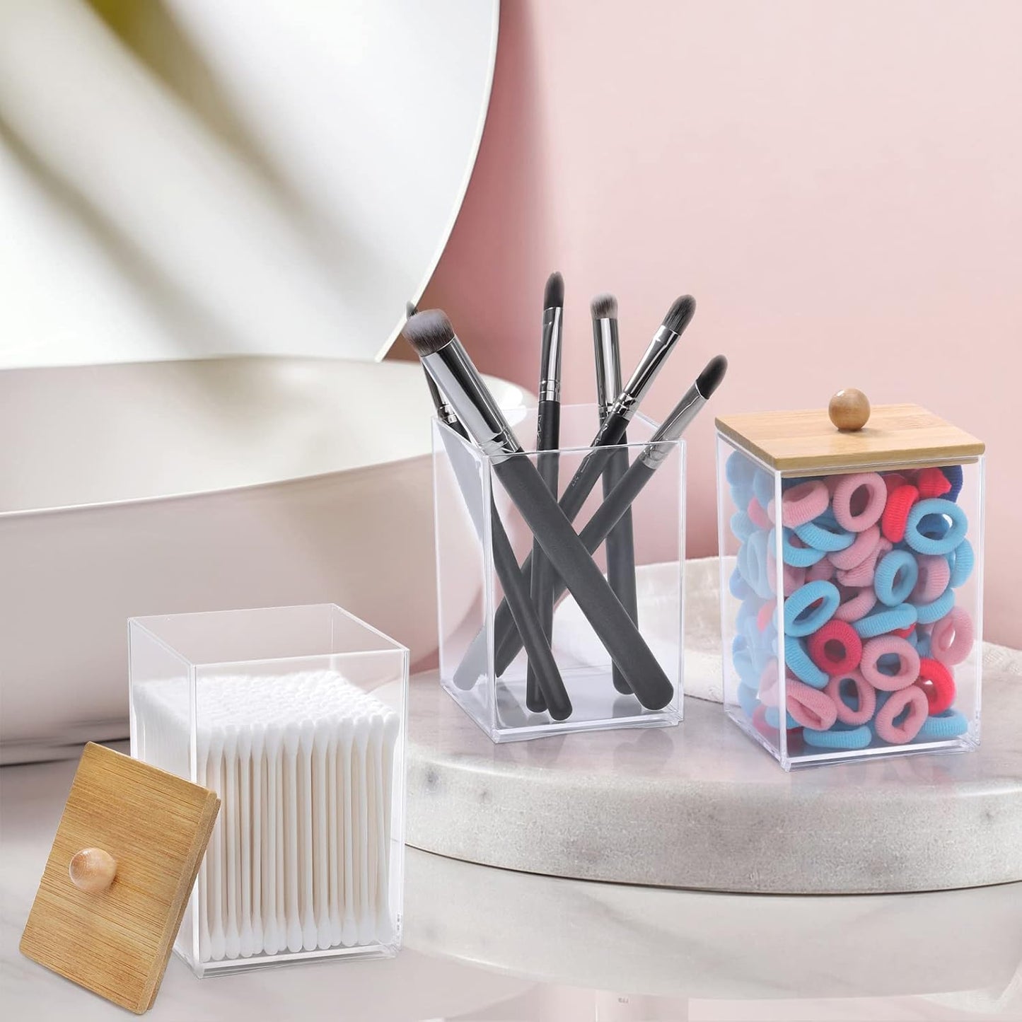 Tbestmax Square Qtip Holder Set - 12 oz Bathroom Organizers with Bamboo Lids for Cotton Swabs & Balls