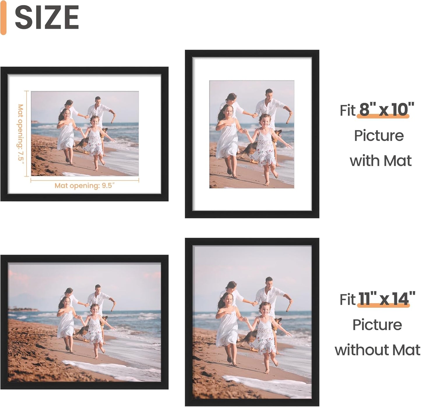 Upsimples 11x14 Picture Frame - Versatile Display for 8x10 with Mat or 11x14 Without Mat - Black, 1 Pack