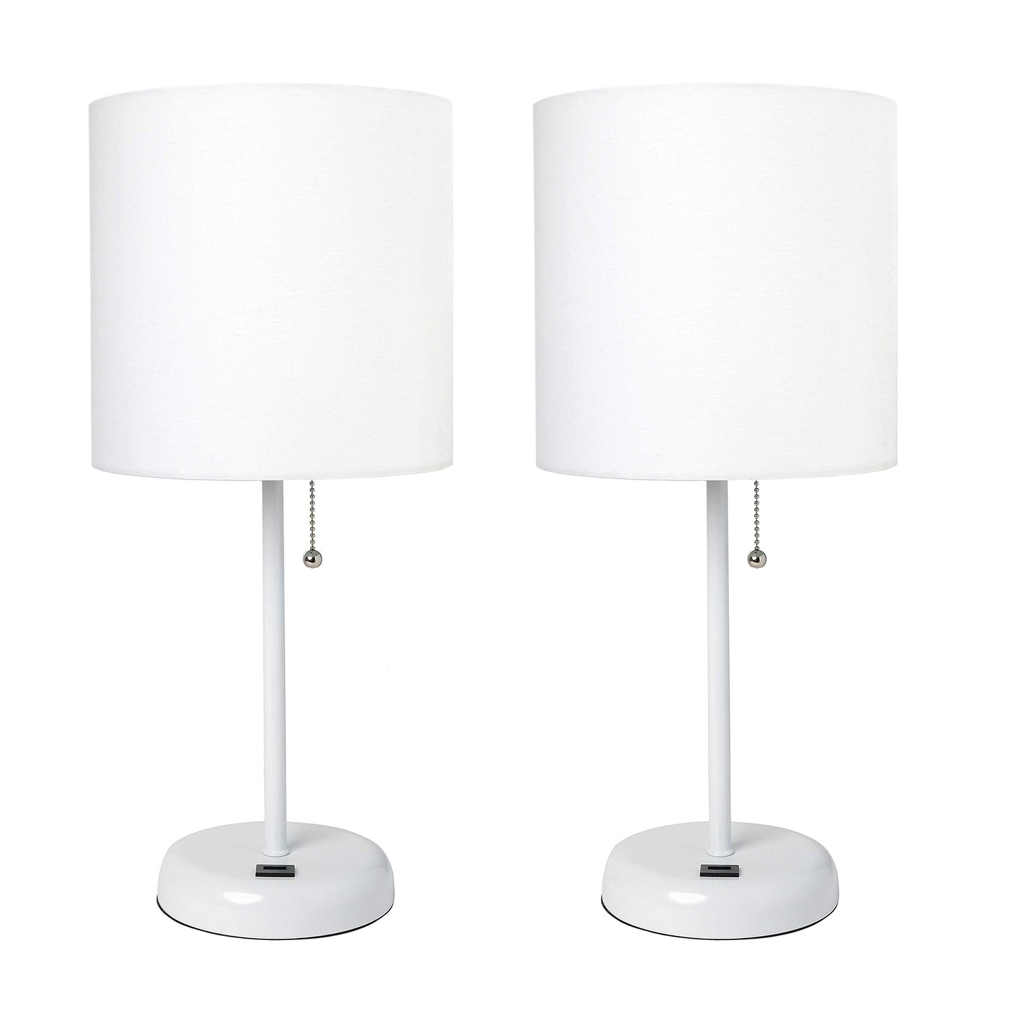 Simple Designs LC2002-WOW-2PK White Stick Table Lamp Set with USB Charging Port and White Fabric Shades, 2 Pack Set