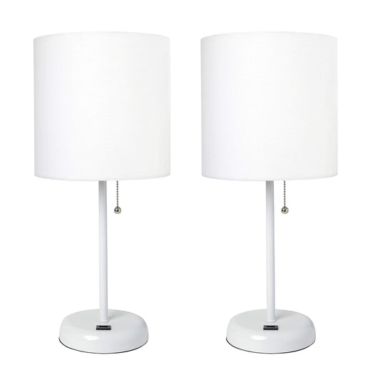 Simple Designs LC2002-WOW-2PK White Stick Table Lamp Set with USB Charging Port and White Fabric Shades, 2 Pack Set