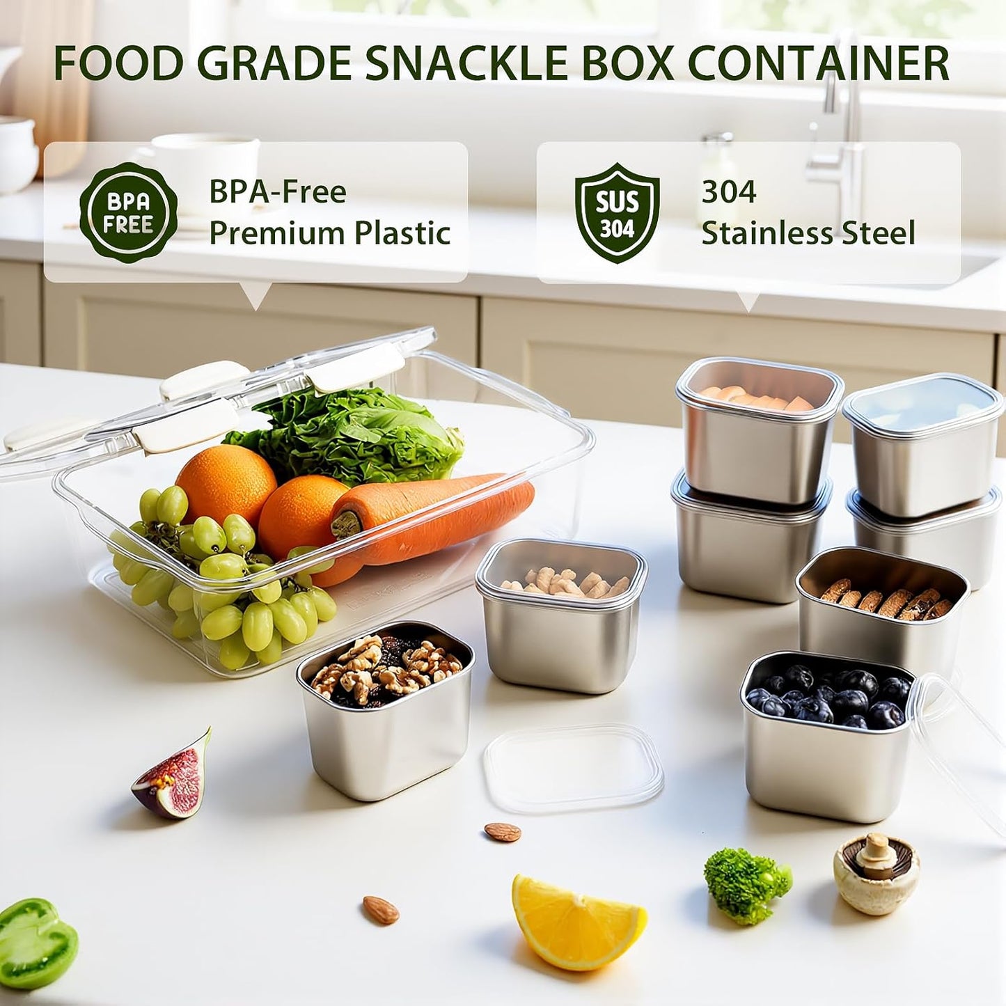 Snackle Box Stainless Steel Snack Container - 8-Compartment Serving Tray with Lid & Handle for Travel