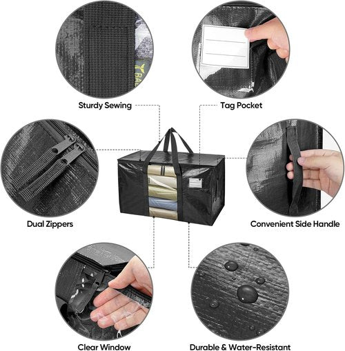 BALEINE 8-Pack Heavy-Duty Moving Bags - Oversized Storage Totes with Reinforced Handles (Black w/Window)