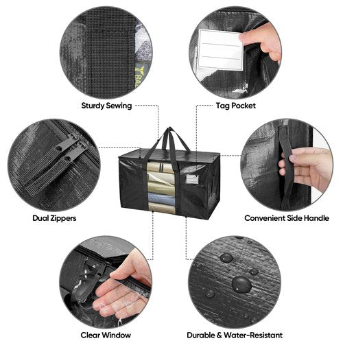 BALEINE 8-Pack Oversized Moving Bags with Reinforced Handles, Heavy-Duty Storage Tote Moving Supplies for Packaging, Camping (Black w/Window, 8-Pack)
