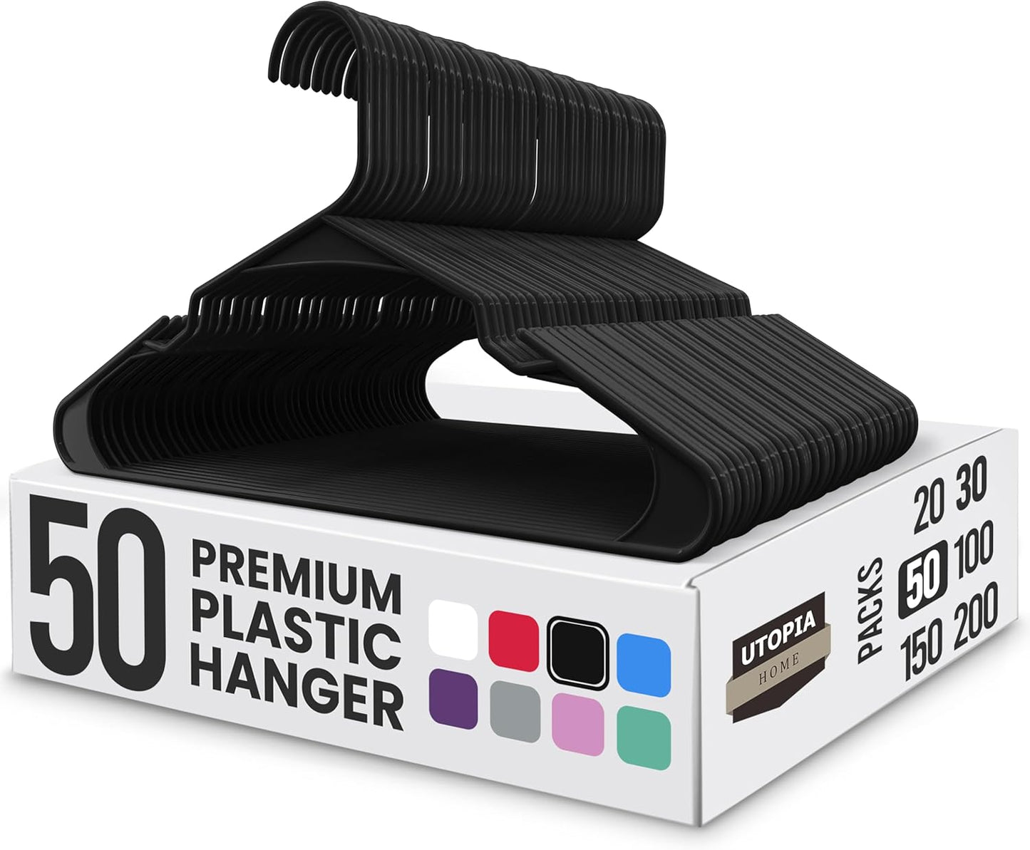 Utopia Home Plastic Hangers - Space-Saving Non-Slip Clothes Hangers | 50 Pack in Black for Closet Organization
