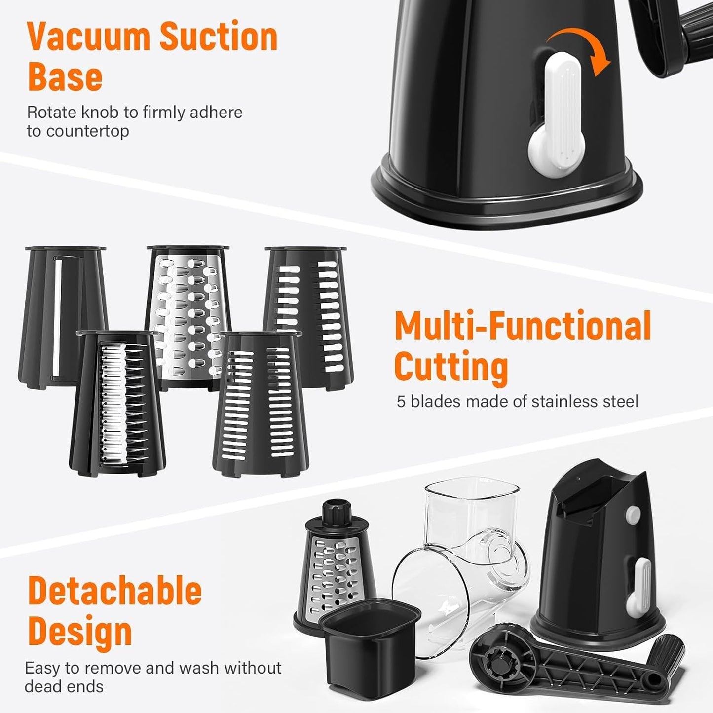 Skiennix 5-Blade Rotary Cheese Grater - Hand Crank Vegetable Chopper & Slicer with Suction Base (Black)