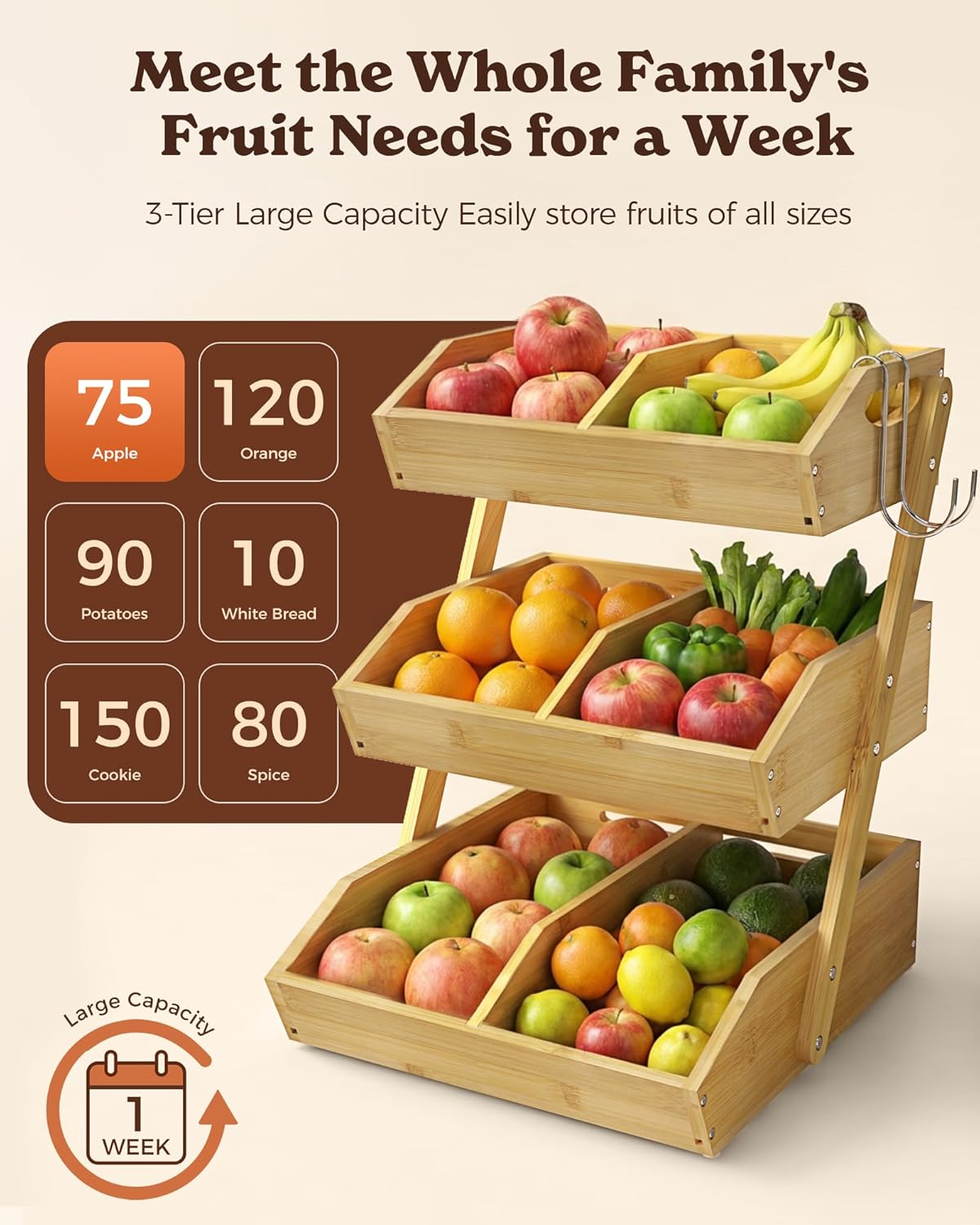 Sevenblue 3-Tier Wooden Fruit Basket - Height Adjustable with 2 Mobile Banana Holders | 2-Pack Under Sink Organizer