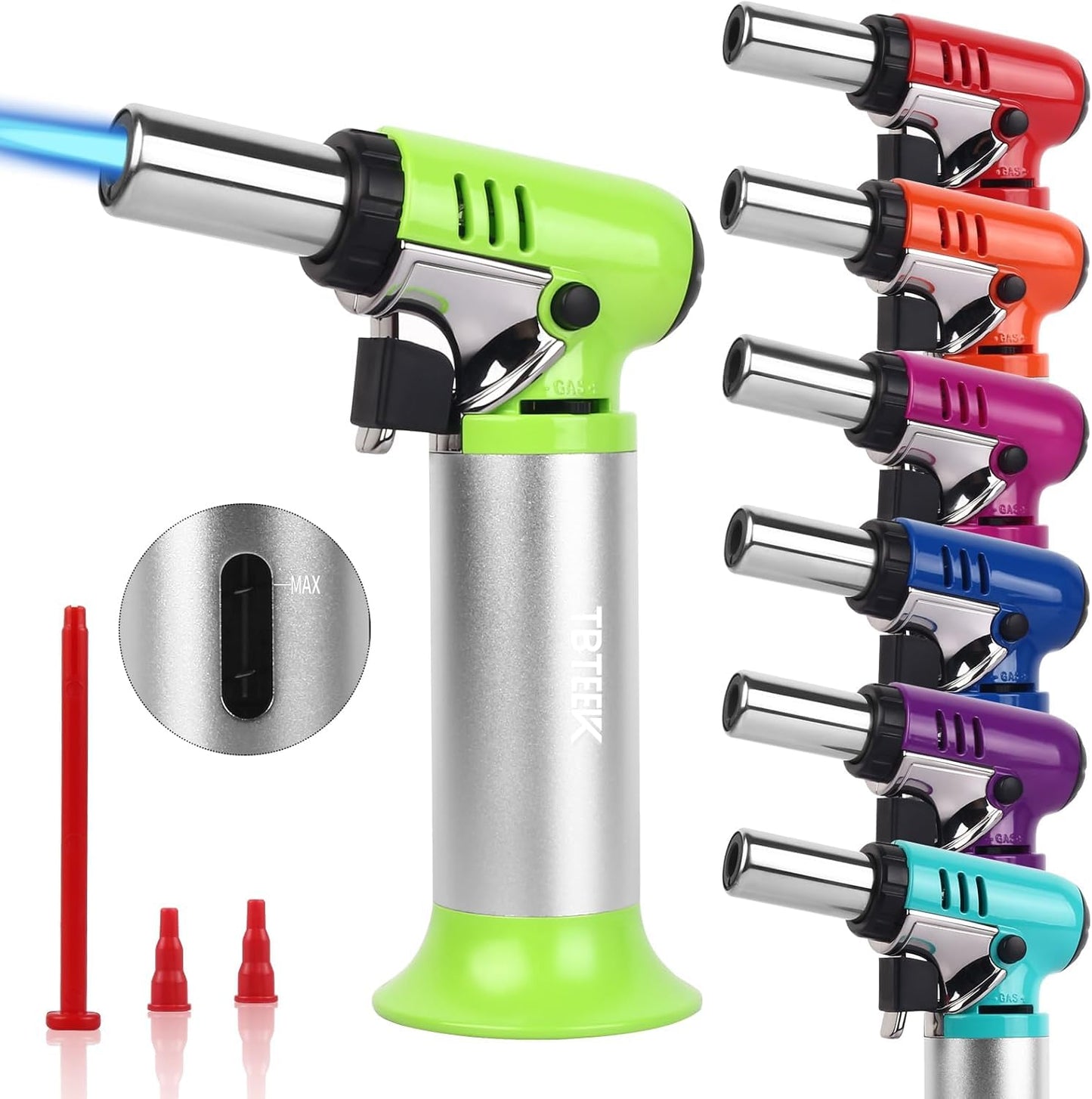 TBTeek Torch Lighter with Butane Included, T907 Butane Torch with 180ml Fuel Refill, Refiilable Kitchen Torch Lighter with Adjustable Flame for BBQ, Brulee Creme, Crafts and Soldering (1 Can)